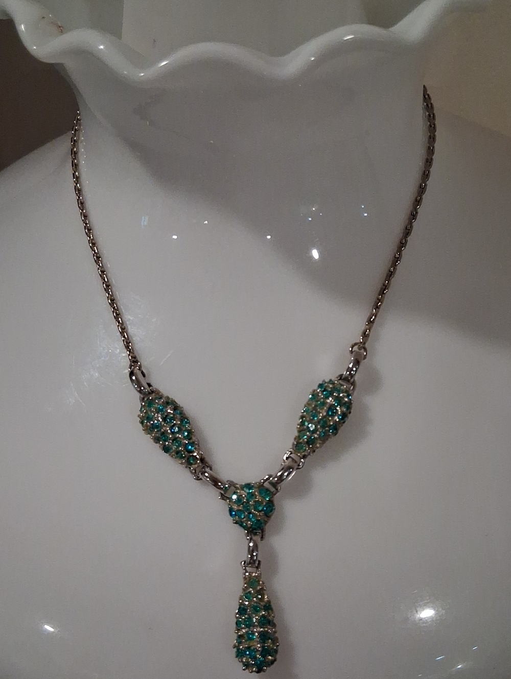 Teal Rhinestone Pave Teardrop Necklace